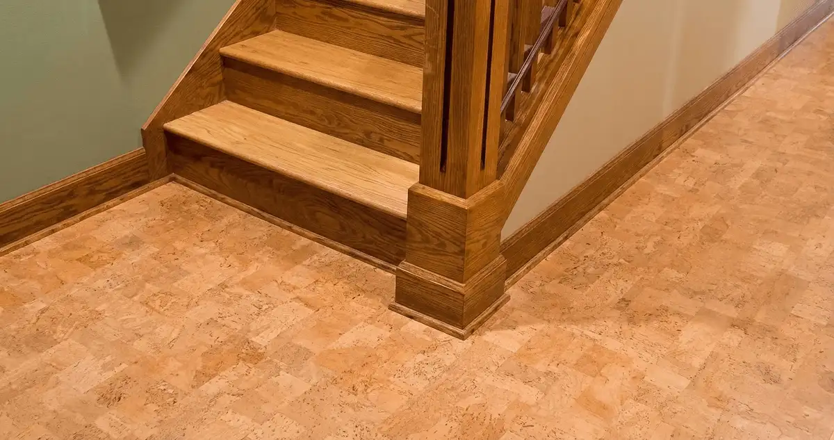End of a staircase with cork flooring in Lakewood, CO