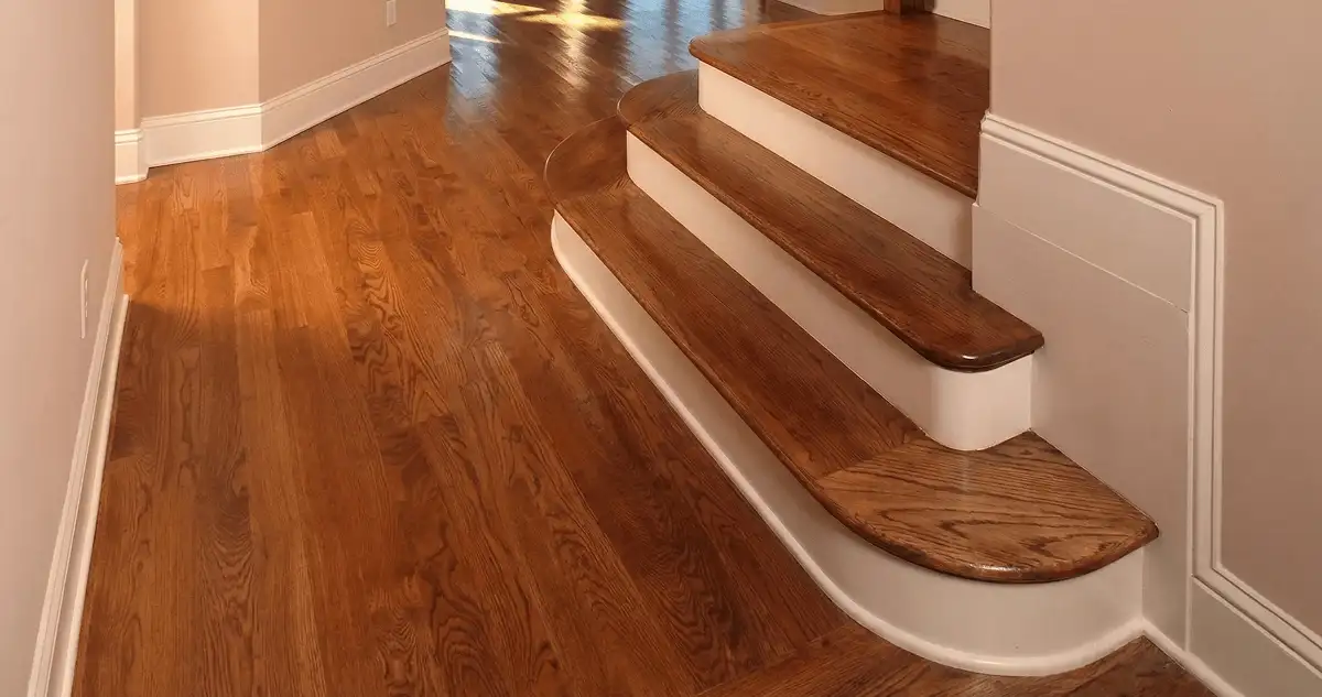 Base floor of a staircase with professionally restored wood flooring in Lakewood CO