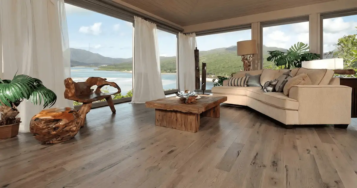 Professionally installed vinyl flooring in a modern living room with large windows in Lakewood, CO